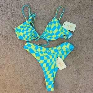 blue and green high waisted bikini